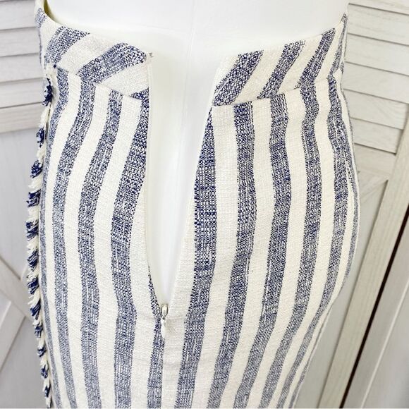 Banana Republic Striped Tweed Midi Skirt Fringe Trim Pencil Blue White Size 10 - Picture 8 of 13